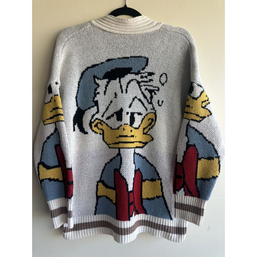 Donald Duck Graphic Knit Cardigan Sweater Cream Oversized Disney Style M